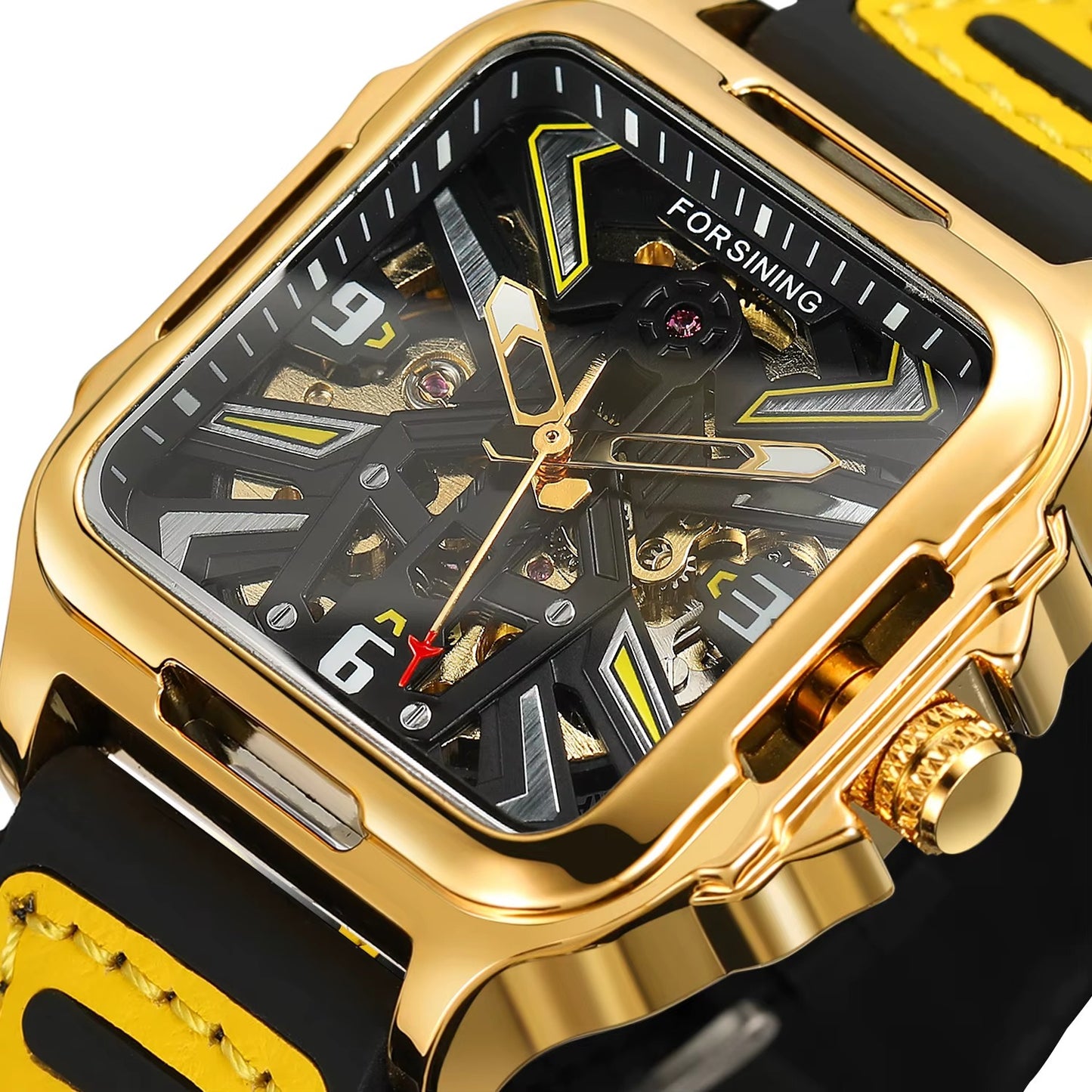 Luxury Gold Square Skeleton Automatical Watch with Luminous Hands, Featuring a Faux Leather And Rubber Strap, Suitable for Business And Casual Wear, Perfect As a Gift for Anniversaries, Birthdays, And Holidays