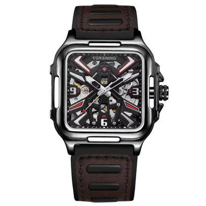 Luxury Gold Square Skeleton Automatical Watch with Luminous Hands, Featuring a Faux Leather And Rubber Strap, Suitable for Business And Casual Wear, Perfect As a Gift for Anniversaries, Birthdays, And Holidays
