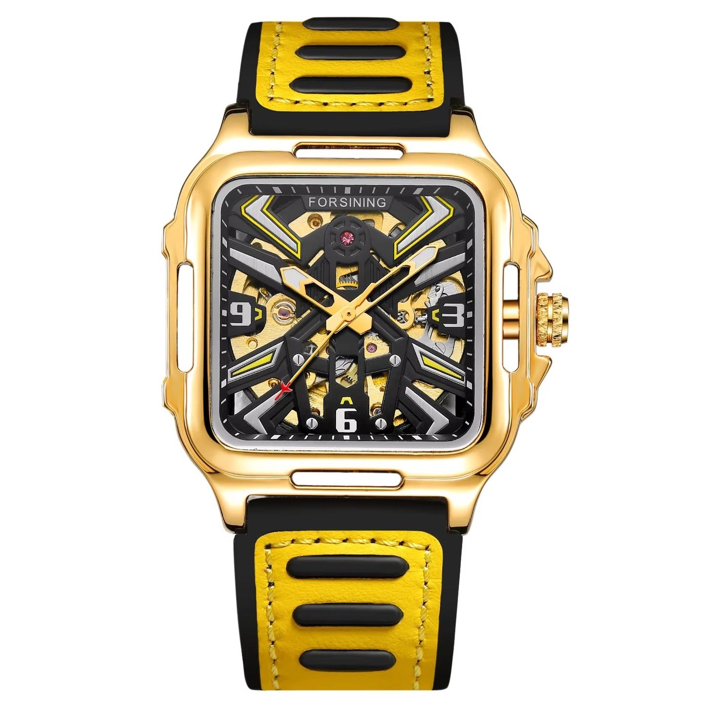 Luxury Gold Square Skeleton Automatical Watch with Luminous Hands, Featuring a Faux Leather And Rubber Strap, Suitable for Business And Casual Wear, Perfect As a Gift for Anniversaries, Birthdays, And Holidays