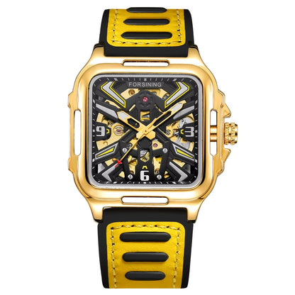 Luxury Gold Square Skeleton Automatical Watch with Luminous Hands, Featuring a Faux Leather And Rubber Strap, Suitable for Business And Casual Wear, Perfect As a Gift for Anniversaries, Birthdays, And Holidays